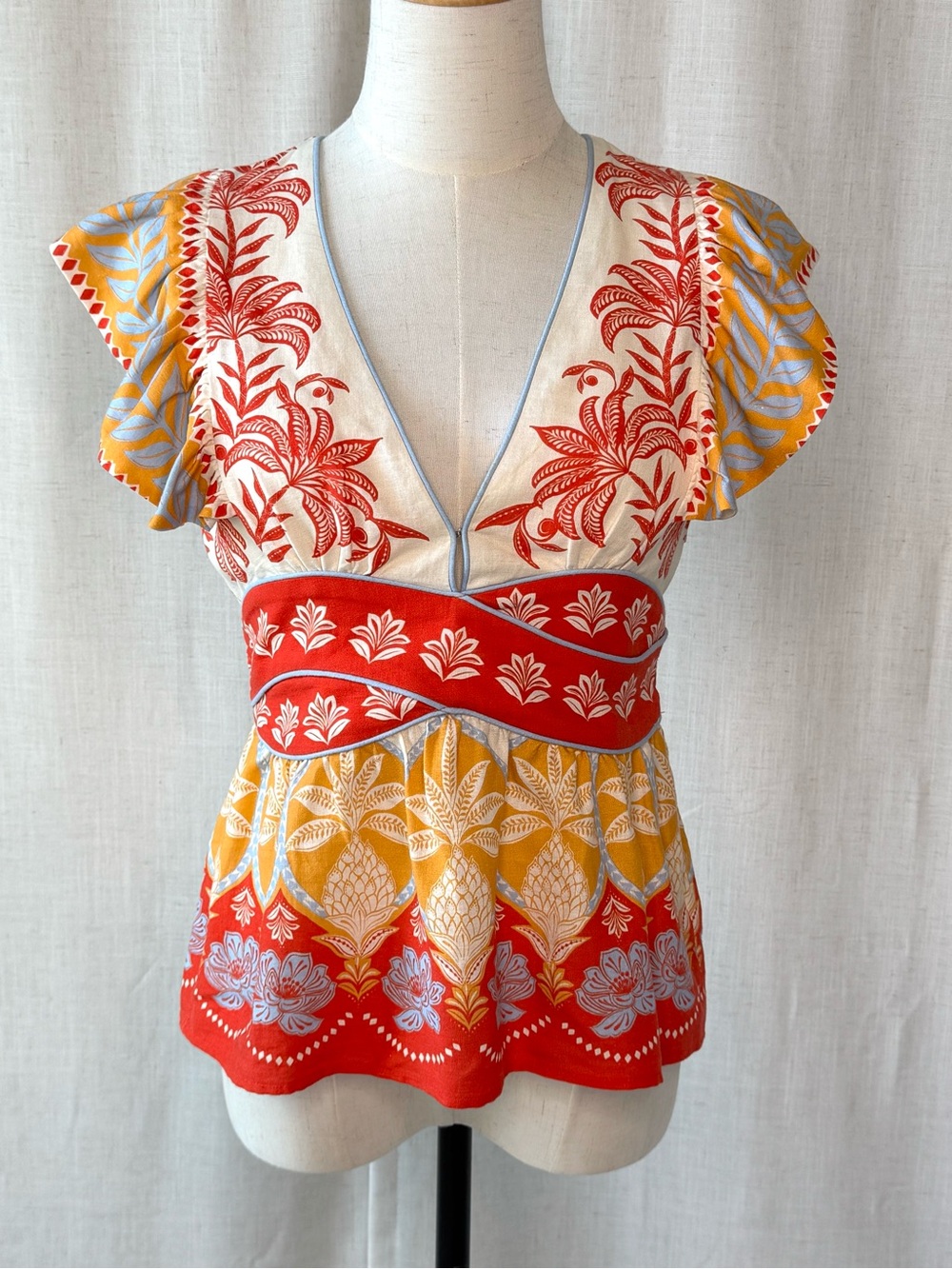 Farm Rio x Anthropologie Flutter Sleeve Linen Blend Peplum Top NWT XS